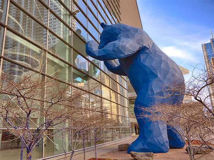 Street view of "I See What You Mean" sculpture created by artist Lawrence Argent outside of the Denver Convention Center